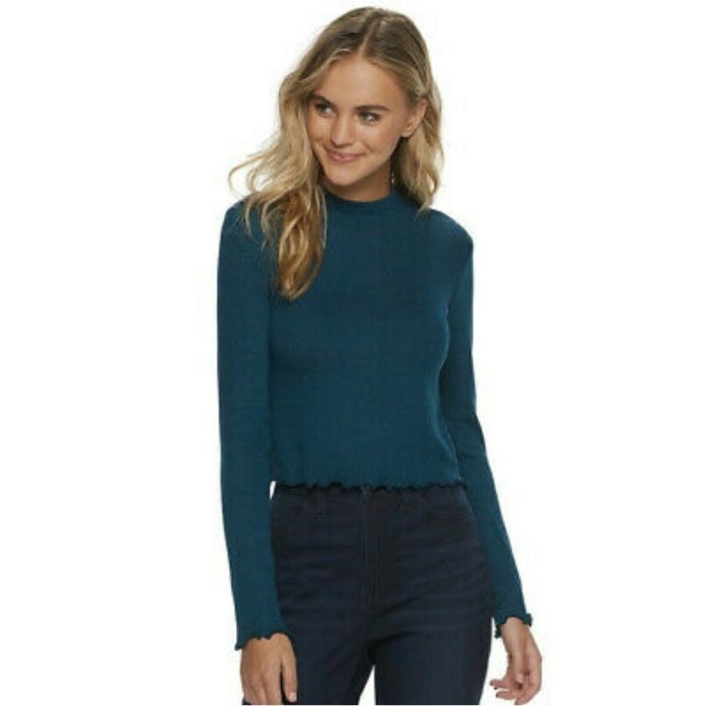 SO Women's Teal Blue Lettuce Edge Waffle Knit Long Sleeve Top